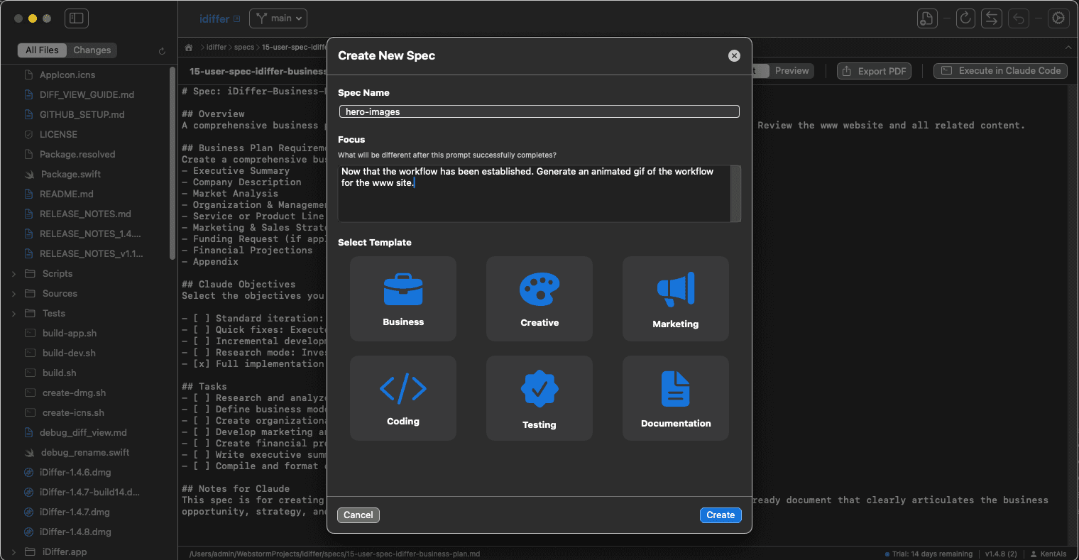 iDiffer Spec Library - Create AI-powered specs with templates